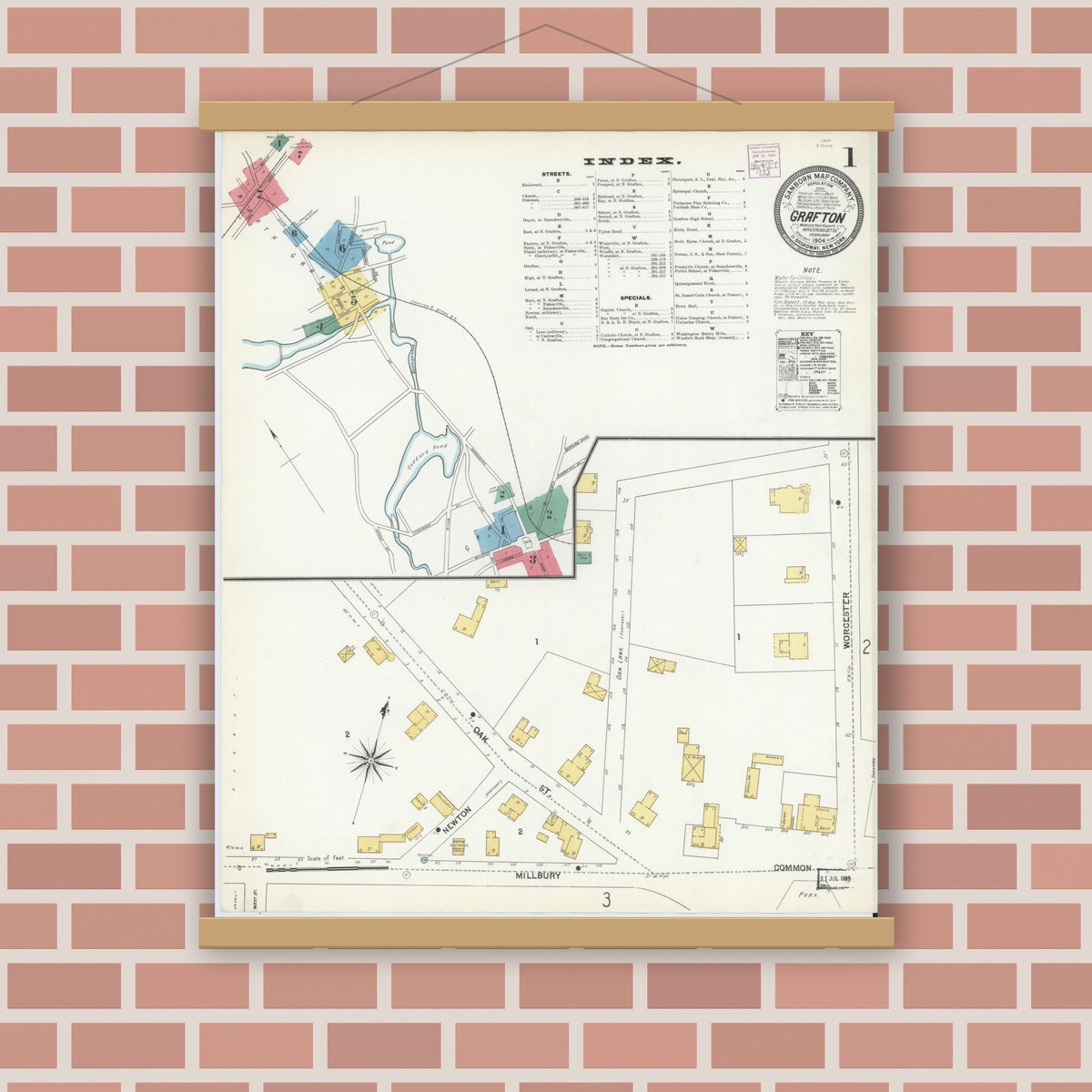 Old map wall art mockup — magnetic wood frame on brick wall — Sanborn Fire Insurance Map from Grafton, Worcester County, Massachusetts (1904), Sheet #0001
