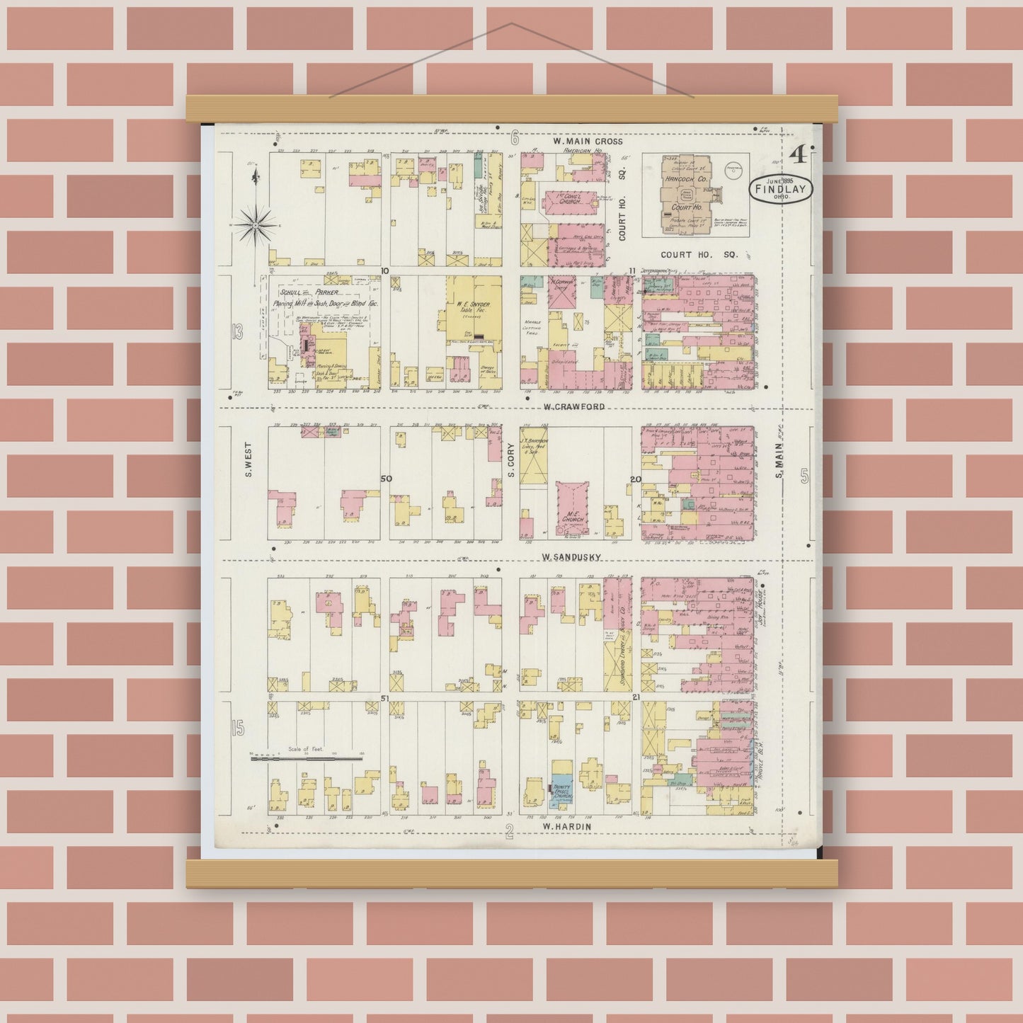 Old map wall art mockup — magnetic wood frame on brick wall — Sanborn Fire Insurance Map from Findlay, Hancock County, Ohio (1895), Sheet #0004