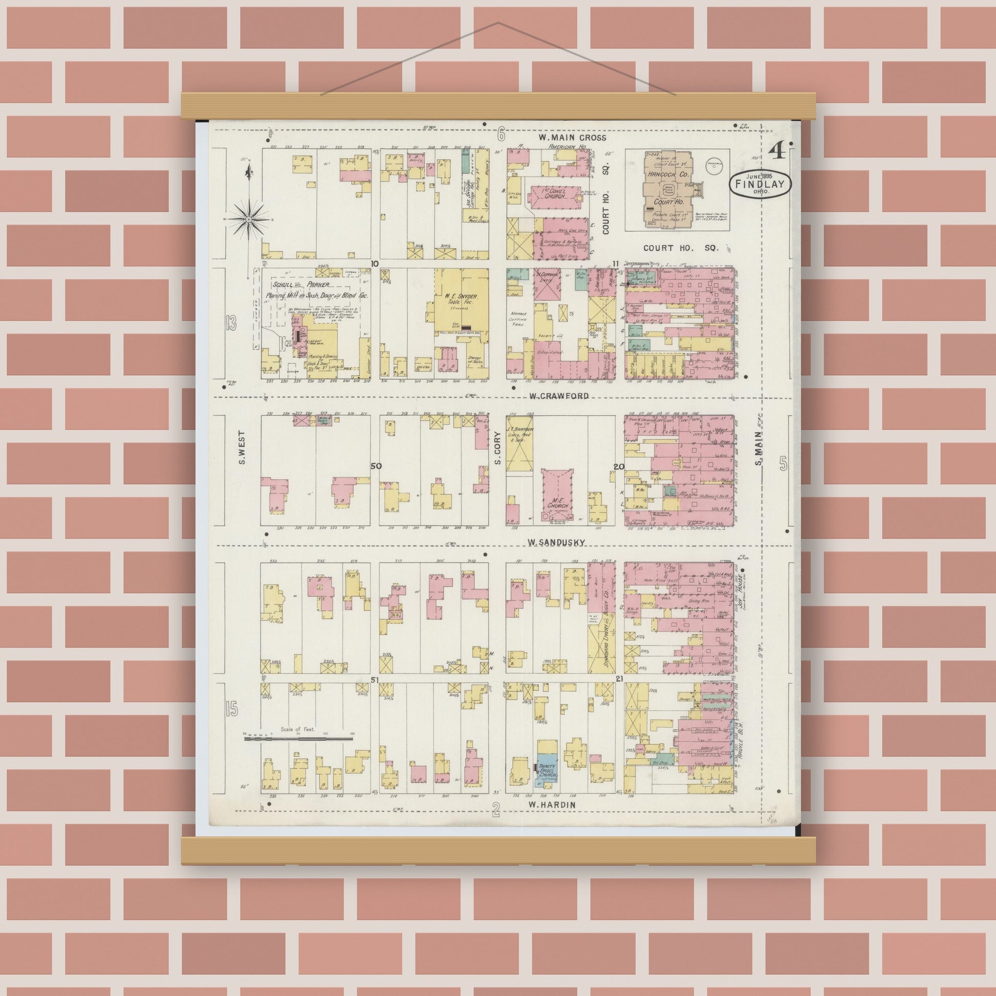 Old map wall art mockup — magnetic wood frame on brick wall — Sanborn Fire Insurance Map from Findlay, Hancock County, Ohio (1895), Sheet #0004