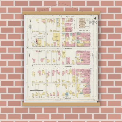 Old map wall art mockup — magnetic wood frame on brick wall — Sanborn Fire Insurance Map from Findlay, Hancock County, Ohio (1895), Sheet #0004