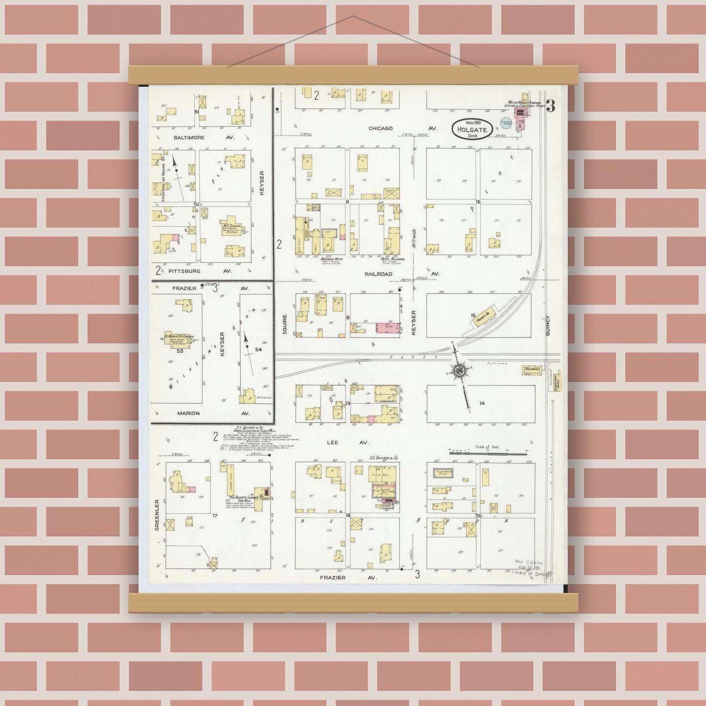 Old map wall art mockup — magnetic wood frame on brick wall — Sanborn Fire Insurance Map from Holgate, Henry County, Ohio (1910), Sheet #0003