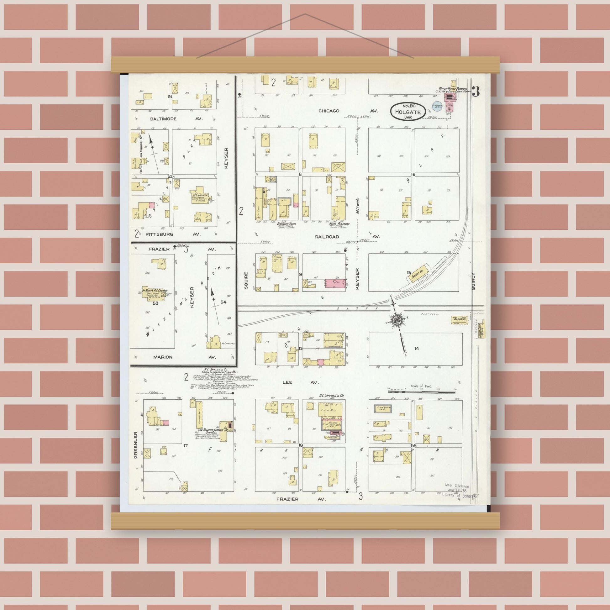 Old map wall art mockup — magnetic wood frame on brick wall — Sanborn Fire Insurance Map from Holgate, Henry County, Ohio (1910), Sheet #0003
