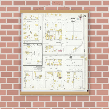 Old map wall art mockup — magnetic wood frame on brick wall — Sanborn Fire Insurance Map from Holgate, Henry County, Ohio (1910), Sheet #0003