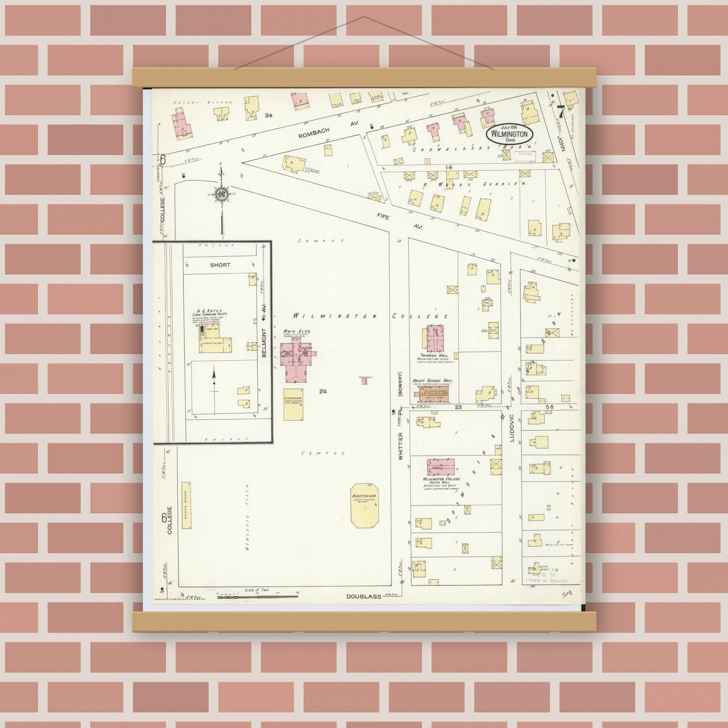Old map wall art mockup — magnetic wood frame on brick wall — Sanborn Fire Insurance Map from Wilmington, Clinton County, Ohio (1914), Sheet #0007