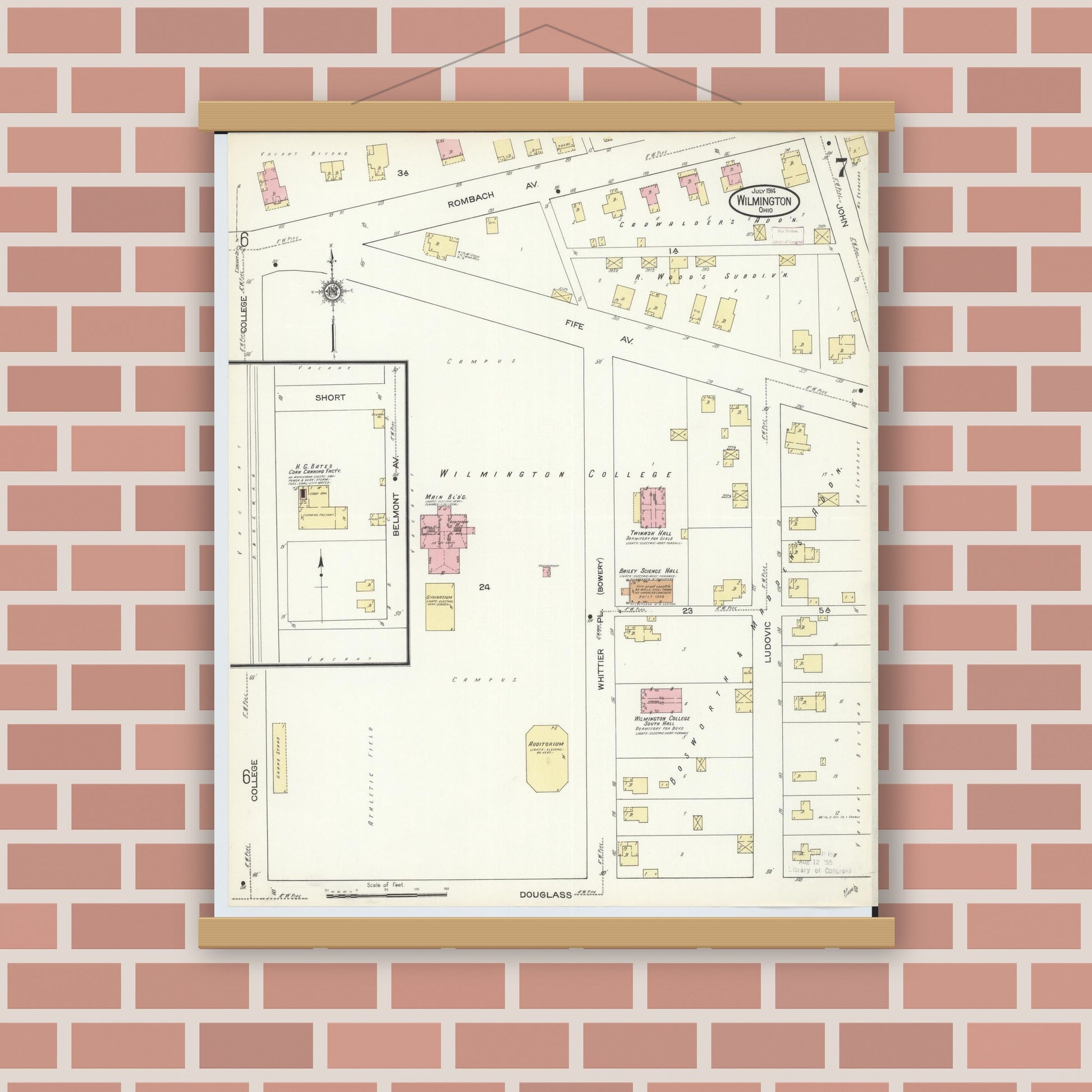 Old map wall art mockup — magnetic wood frame on brick wall — Sanborn Fire Insurance Map from Wilmington, Clinton County, Ohio (1914), Sheet #0007
