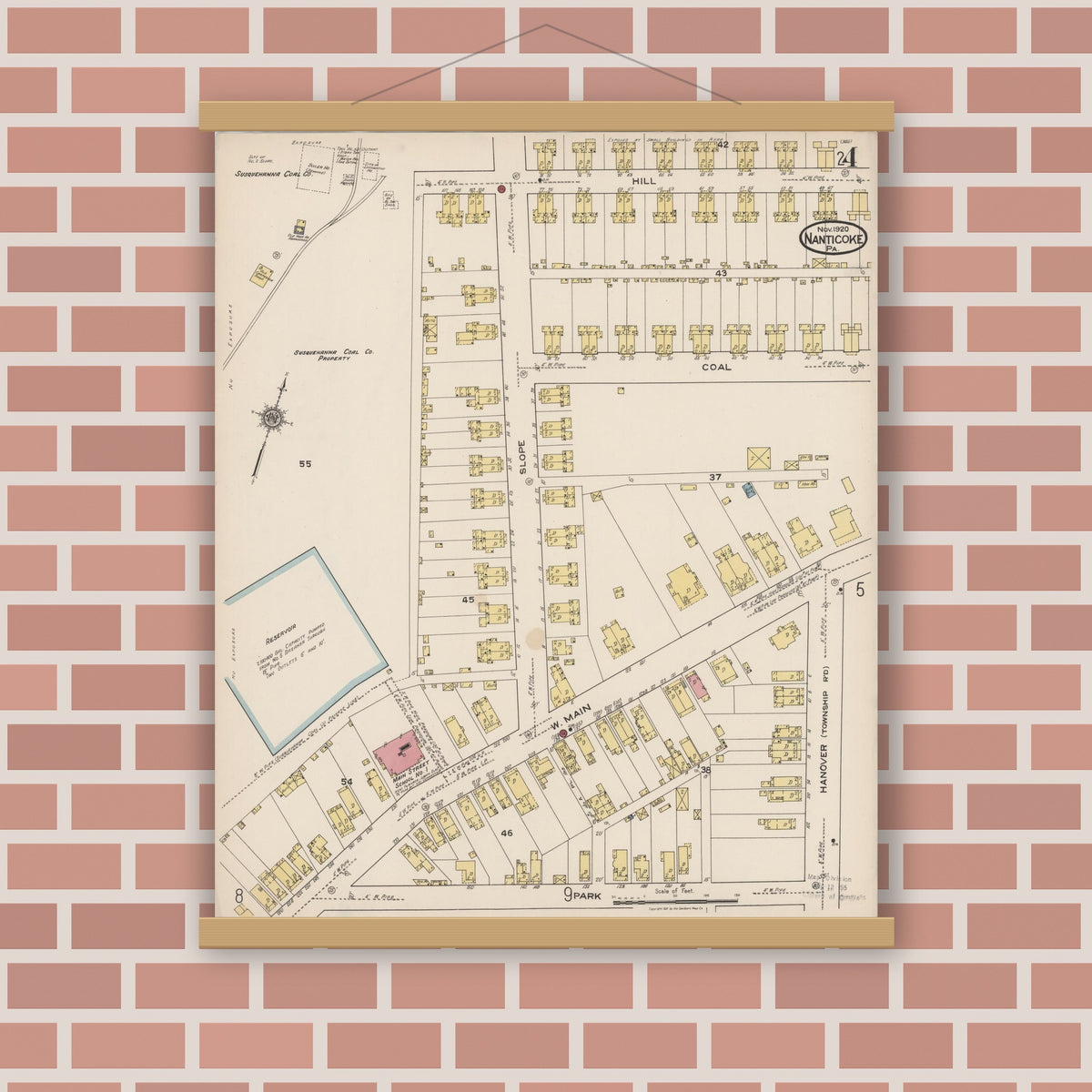 Old map wall art mockup — magnetic wood frame on brick wall — Sanborn Fire Insurance Map from Nanticoke, Luzerne County, Pennsylvania (1920), Sheet #0004