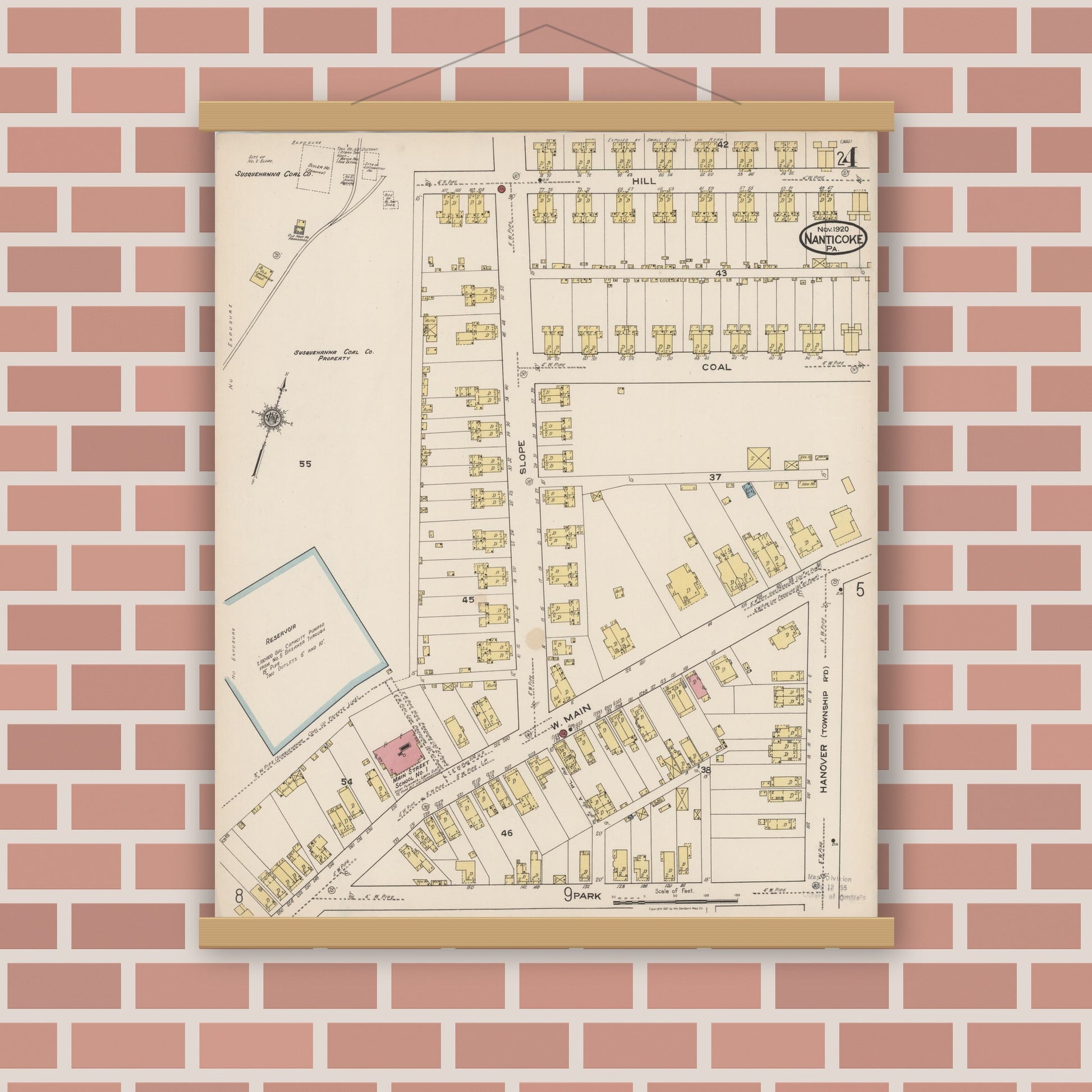 Old map wall art mockup — magnetic wood frame on brick wall — Sanborn Fire Insurance Map from Nanticoke, Luzerne County, Pennsylvania (1920), Sheet #0004