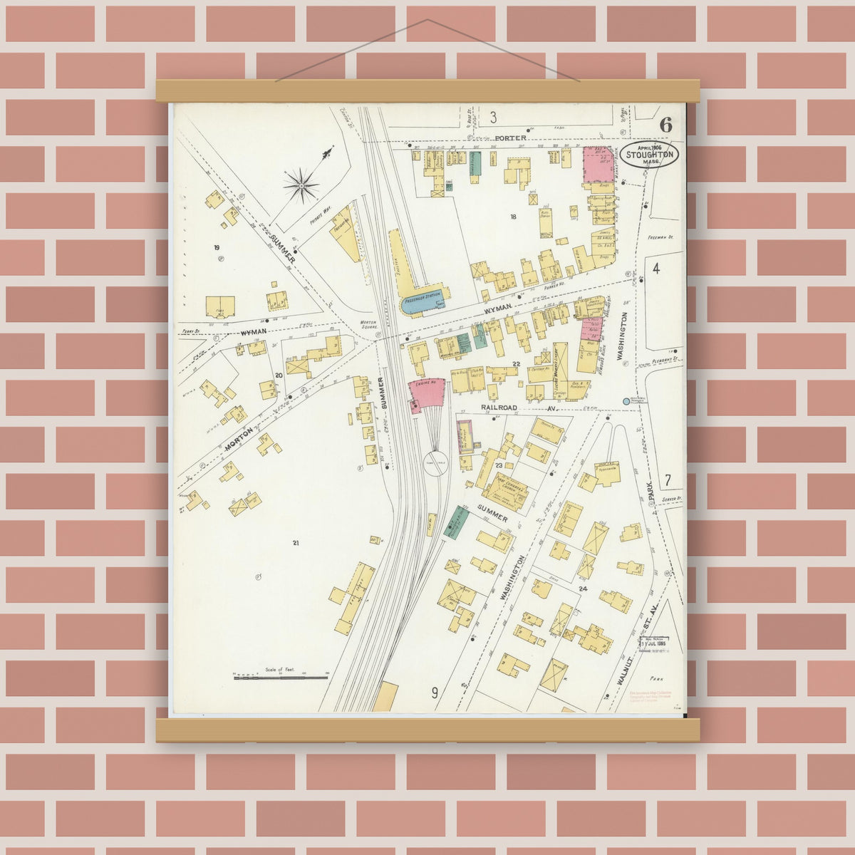 Old map wall art mockup — magnetic wood frame on brick wall — Sanborn Fire Insurance Map from Stoughton, Norfolk County, Massachusetts (1906), Sheet #0006