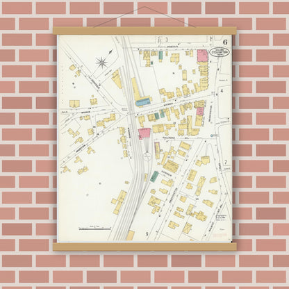 Old map wall art mockup — magnetic wood frame on brick wall — Sanborn Fire Insurance Map from Stoughton, Norfolk County, Massachusetts (1906), Sheet #0006