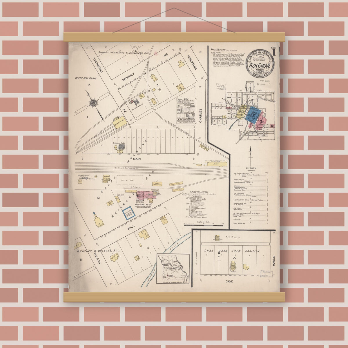 Old map wall art mockup — magnetic wood frame on brick wall — Sanborn Fire Insurance Map from Ash Grove, Greene County, Missouri (1921) - Complete Map Set