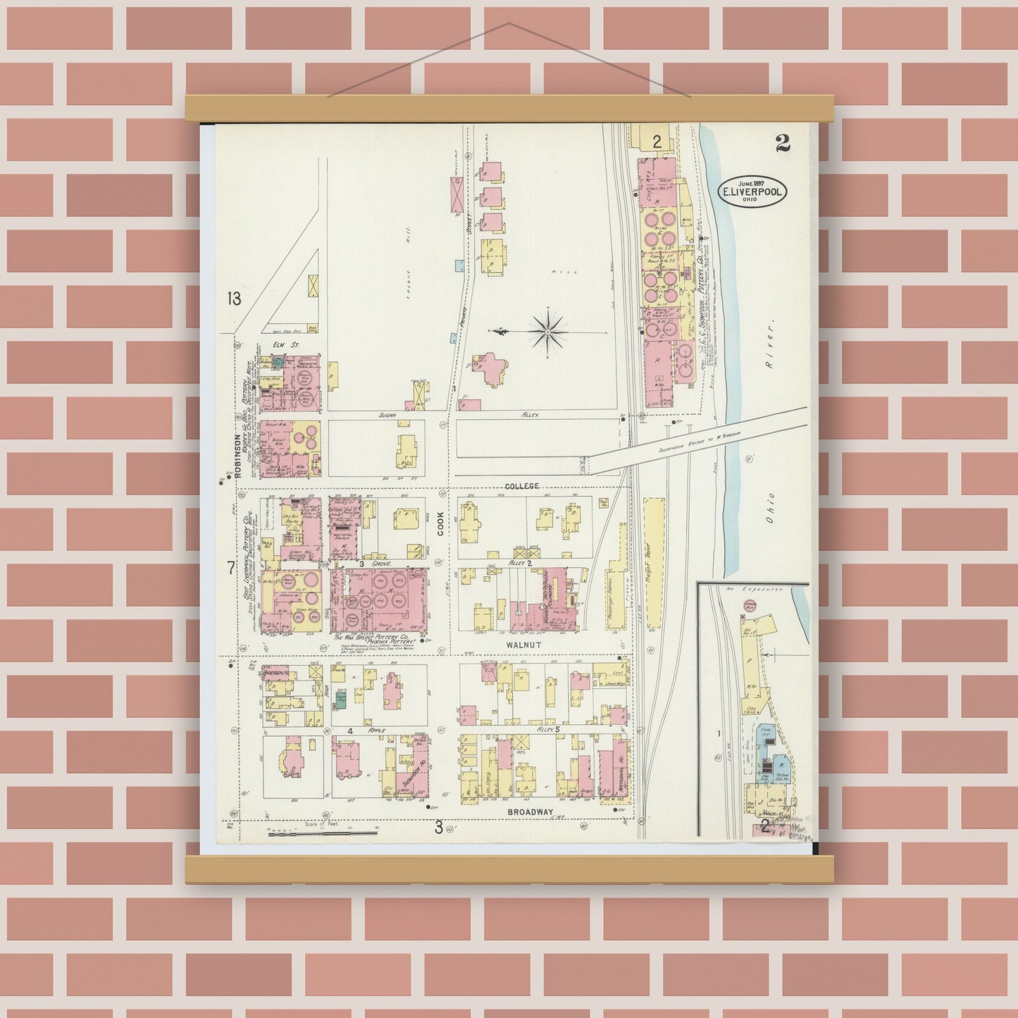 Old map wall art mockup — magnetic wood frame on brick wall — Sanborn Fire Insurance Map from East Liverpool, Columbiana County, Ohio (1897), Sheet #0002
