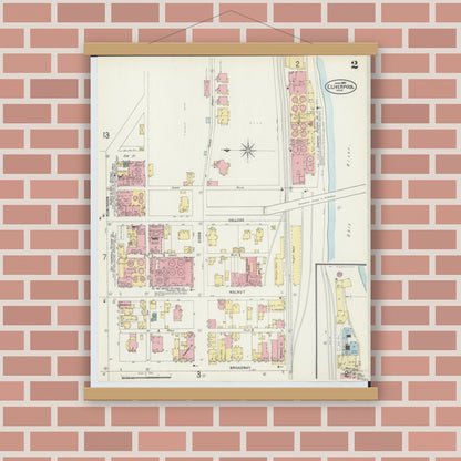 Old map wall art mockup — magnetic wood frame on brick wall — Sanborn Fire Insurance Map from East Liverpool, Columbiana County, Ohio (1897), Sheet #0002