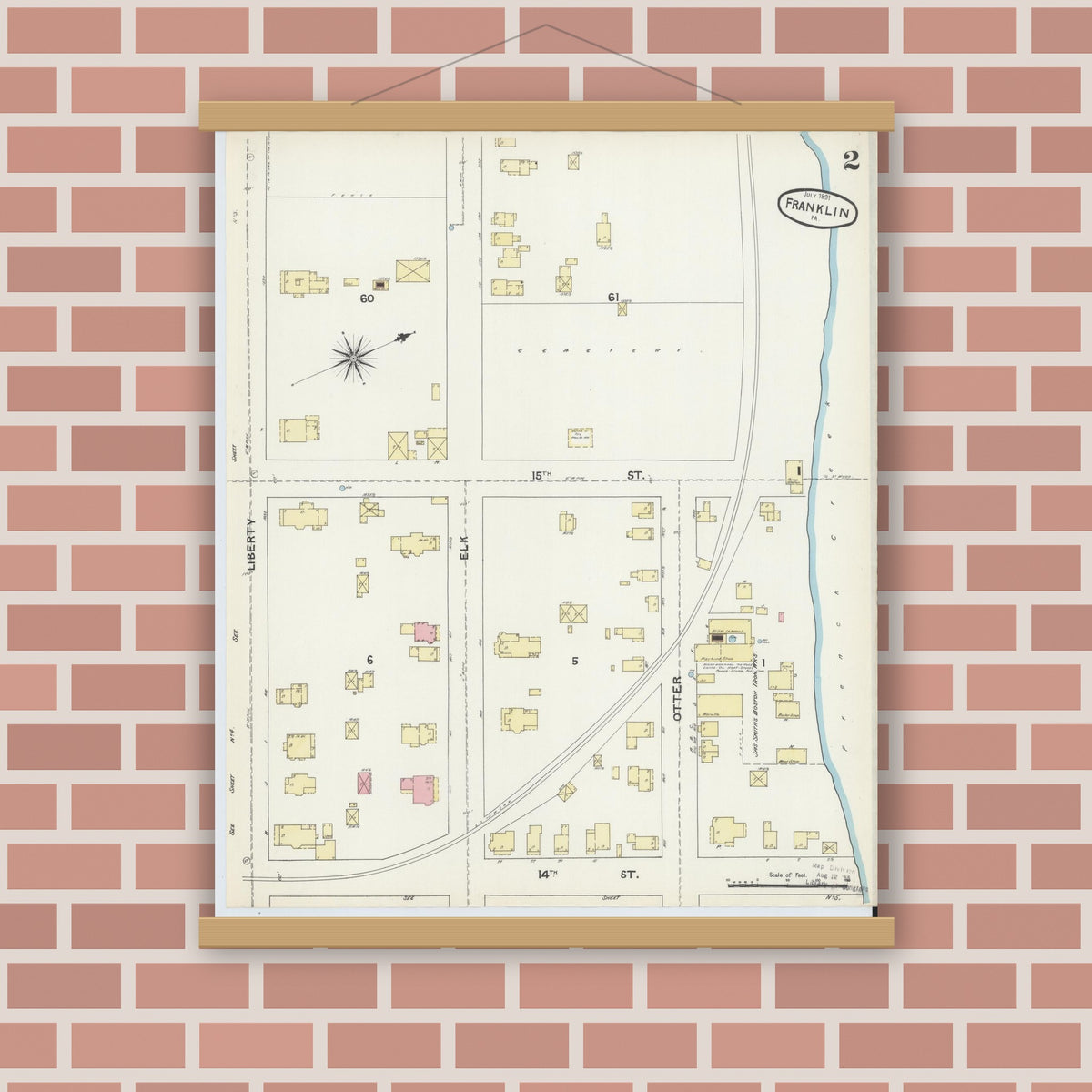 Old map wall art mockup — magnetic wood frame on brick wall — Sanborn Fire Insurance Map from Franklin, Venango County, Pennsylvania (1891), Sheet #0002
