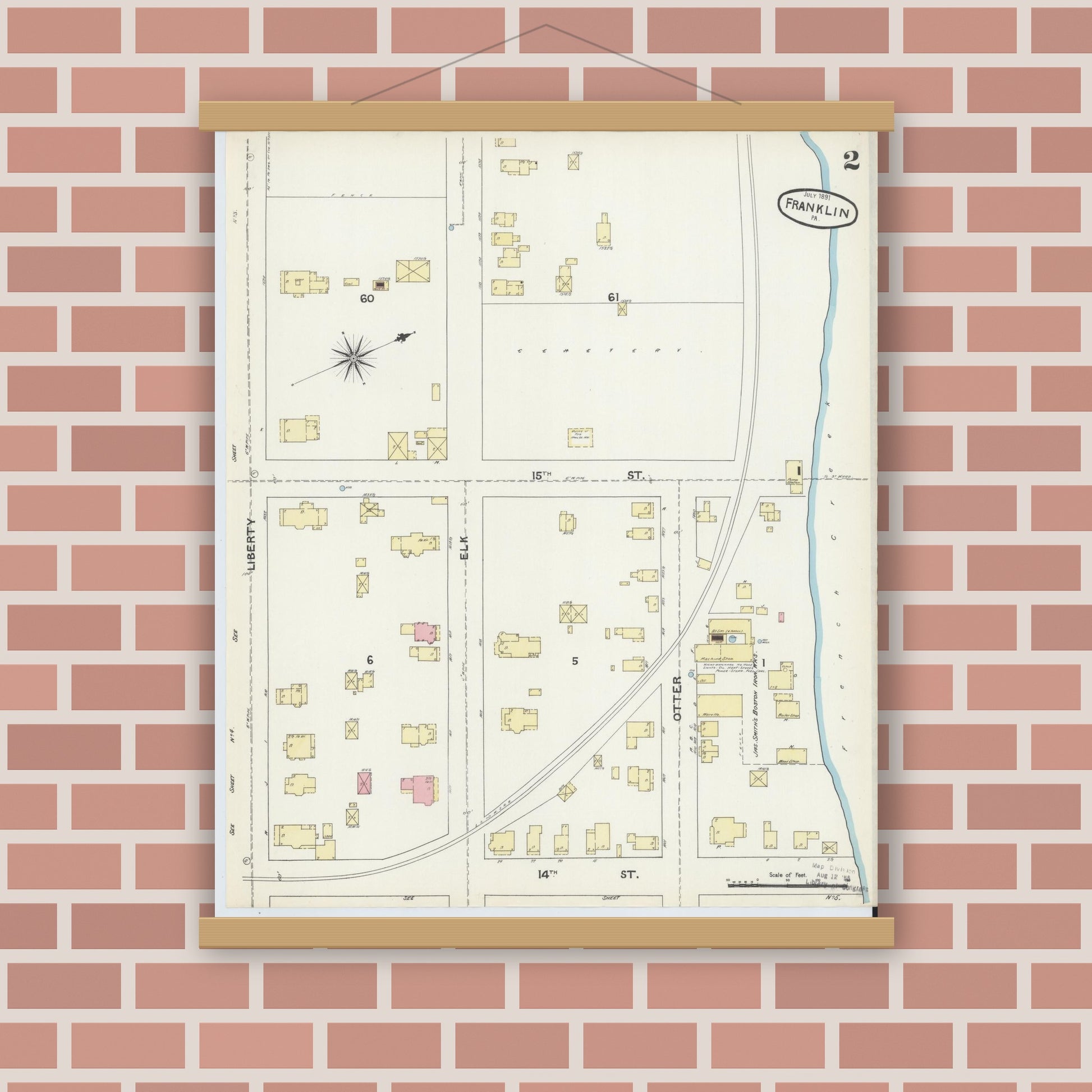 Old map wall art mockup — magnetic wood frame on brick wall — Sanborn Fire Insurance Map from Franklin, Venango County, Pennsylvania (1891), Sheet #0002