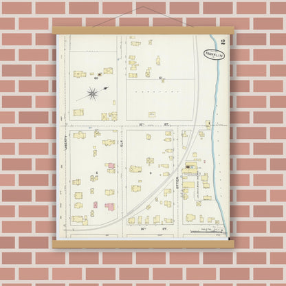 Old map wall art mockup — magnetic wood frame on brick wall — Sanborn Fire Insurance Map from Franklin, Venango County, Pennsylvania (1891), Sheet #0002