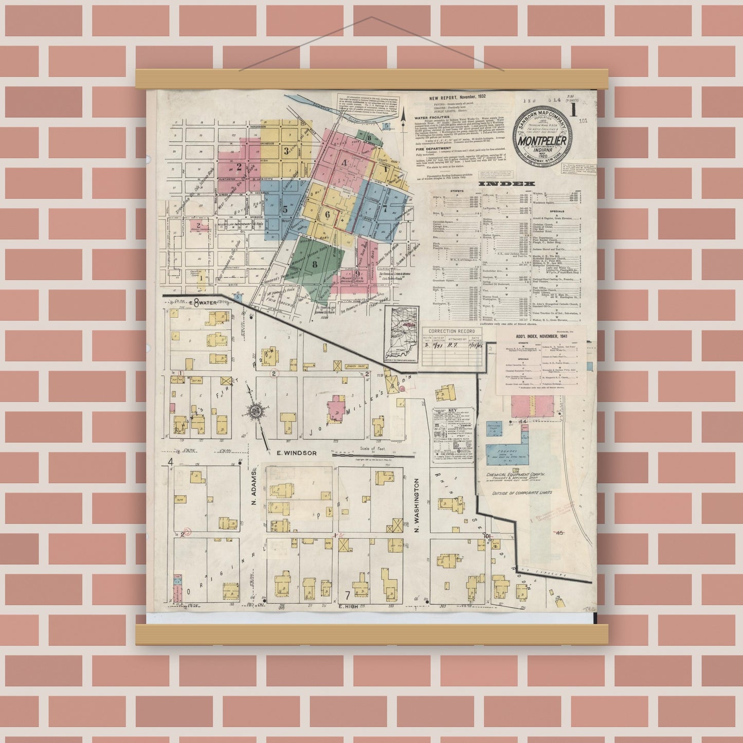 Old map wall art mockup — magnetic wood frame on brick wall — Sanborn Fire Insurance Map from Montpelier, Blackford County, Indiana (1941) - Complete Map Set