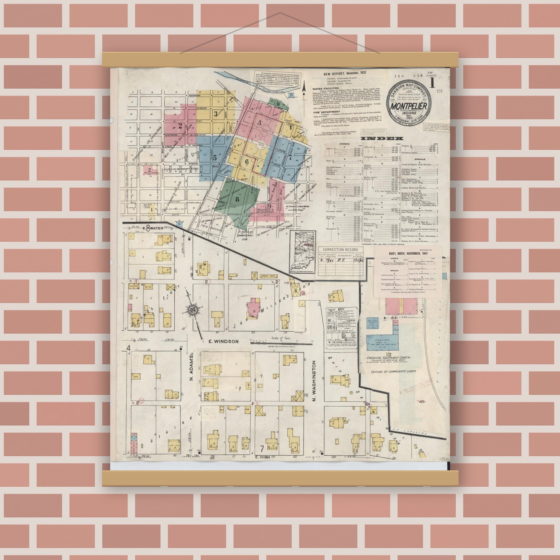 Old map wall art mockup — magnetic wood frame on brick wall — Sanborn Fire Insurance Map from Montpelier, Blackford County, Indiana (1941) - Complete Map Set