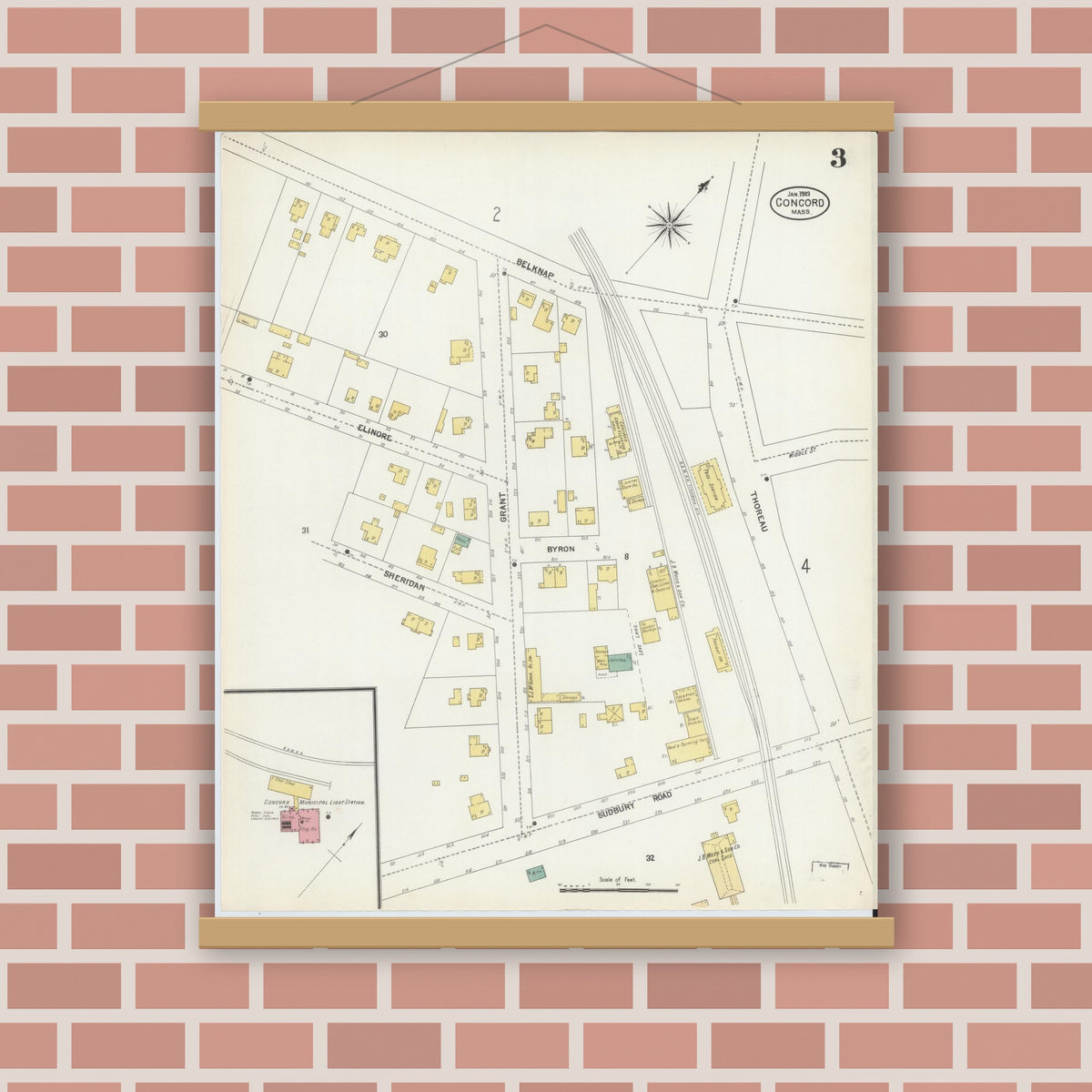 Old map wall art mockup — magnetic wood frame on brick wall — Sanborn Fire Insurance Map from Concord, Middlesex County, Massachusetts (1903), Sheet #0003