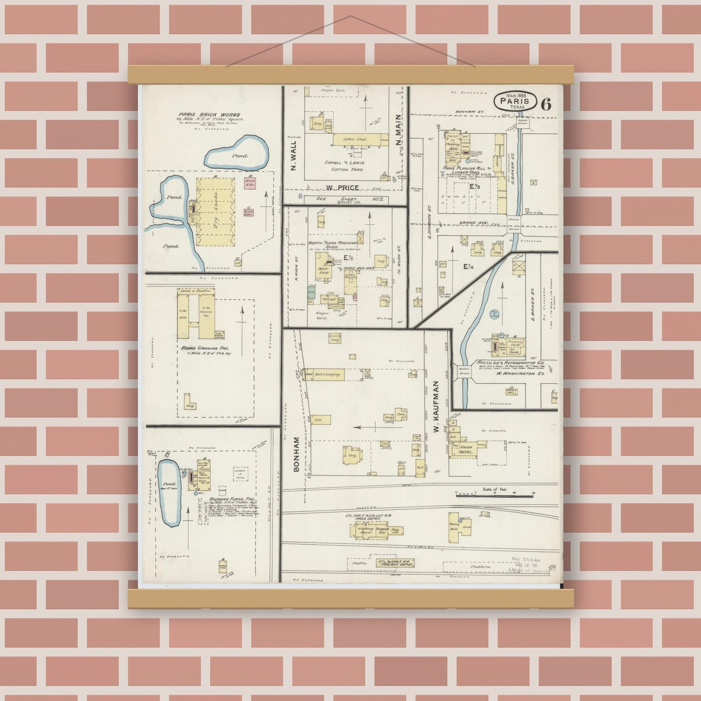 Old map wall art mockup — magnetic wood frame on brick wall — Sanborn Fire Insurance Map from Paris, Lamar County, Texas (1888), Sheet #0006
