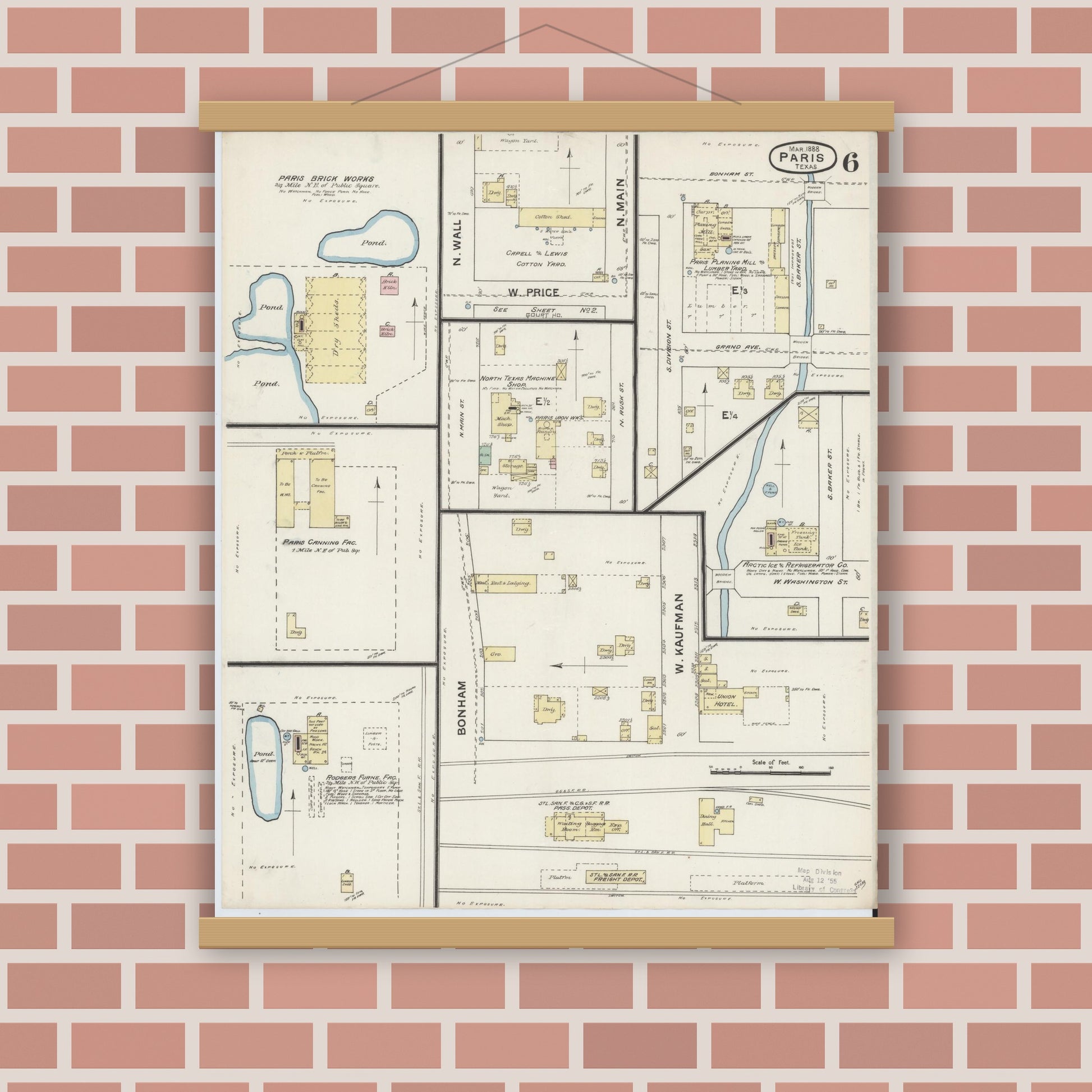 Old map wall art mockup — magnetic wood frame on brick wall — Sanborn Fire Insurance Map from Paris, Lamar County, Texas (1888), Sheet #0006