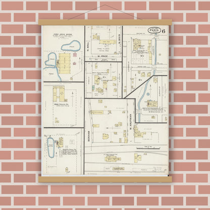 Old map wall art mockup — magnetic wood frame on brick wall — Sanborn Fire Insurance Map from Paris, Lamar County, Texas (1888), Sheet #0006
