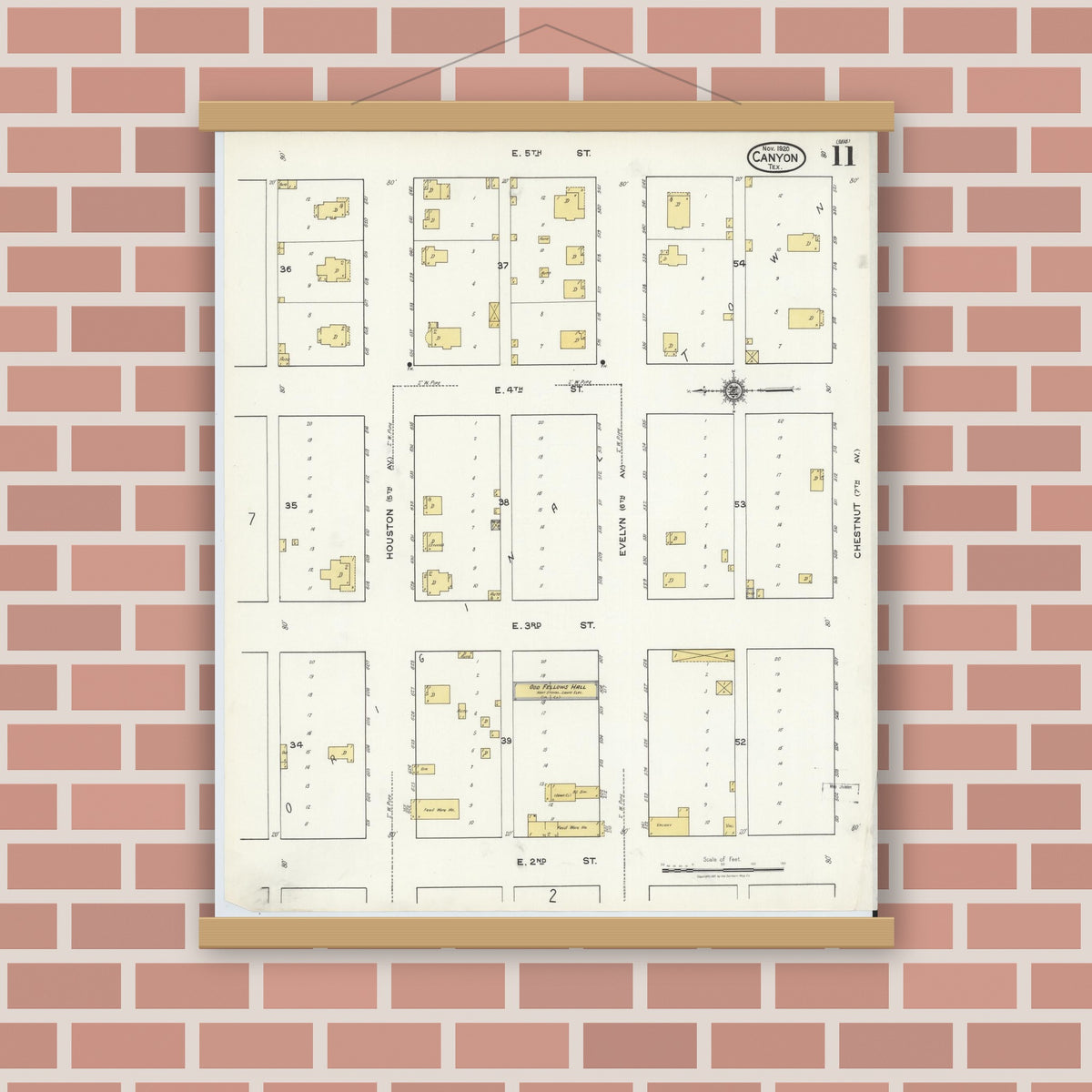Old map wall art mockup — magnetic wood frame on brick wall — Sanborn Fire Insurance Map from Canyon, Randall County, Texas (1920), Sheet #0011