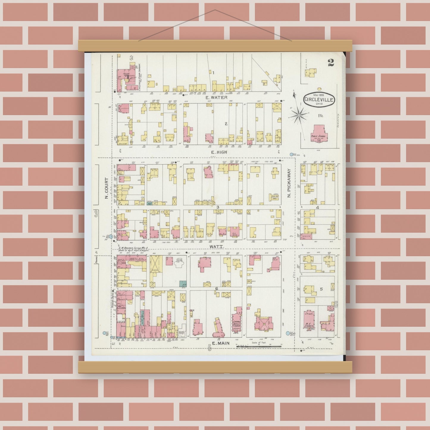 Old map wall art mockup — magnetic wood frame on brick wall — Sanborn Fire Insurance Map from Circleville, Pickaway County, Ohio (1893), Sheet #0002