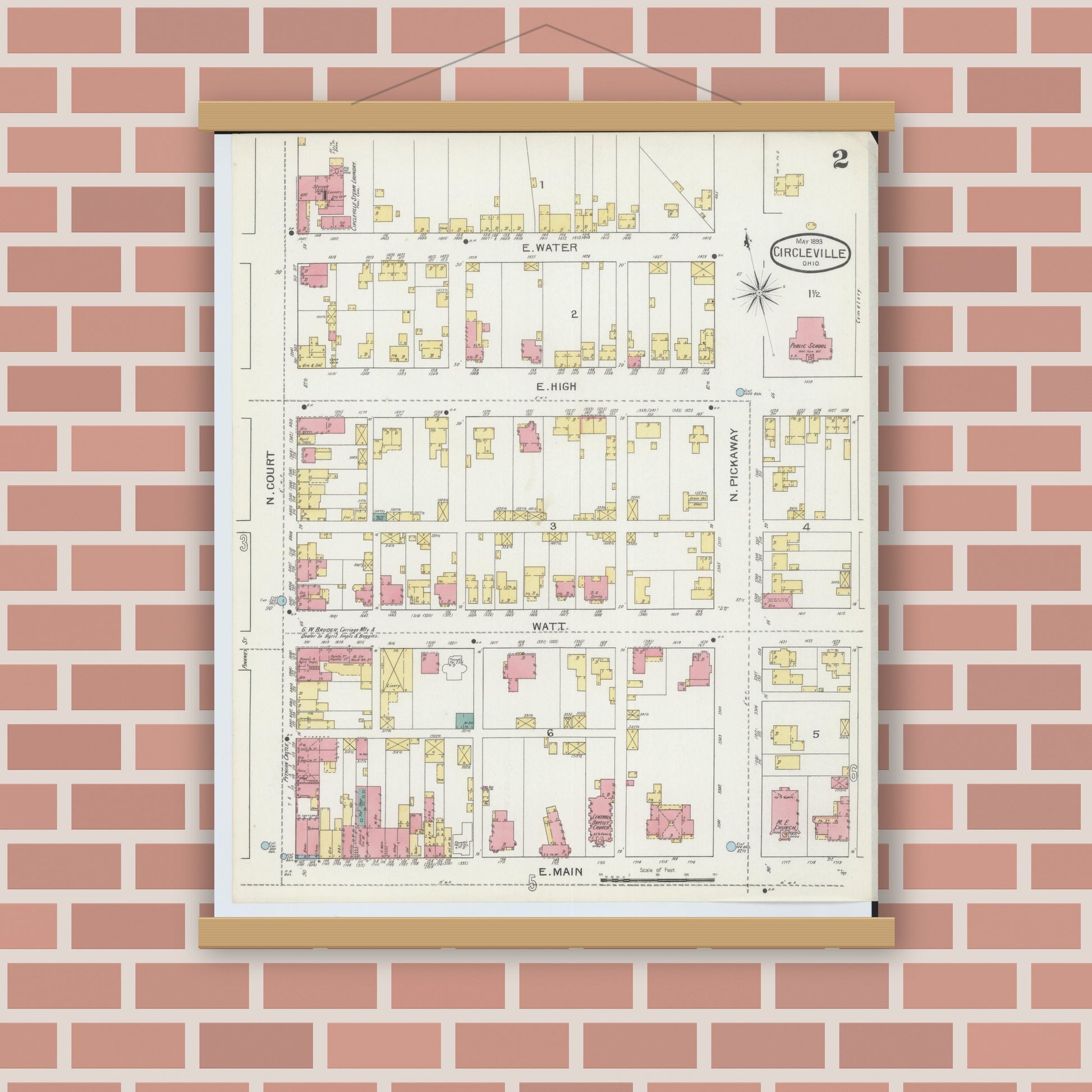 Old map wall art mockup — magnetic wood frame on brick wall — Sanborn Fire Insurance Map from Circleville, Pickaway County, Ohio (1893), Sheet #0002