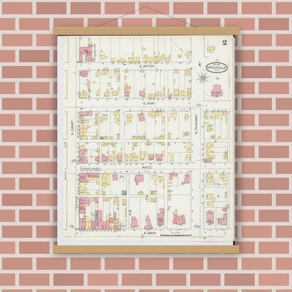 Old map wall art mockup — magnetic wood frame on brick wall — Sanborn Fire Insurance Map from Circleville, Pickaway County, Ohio (1893), Sheet #0002