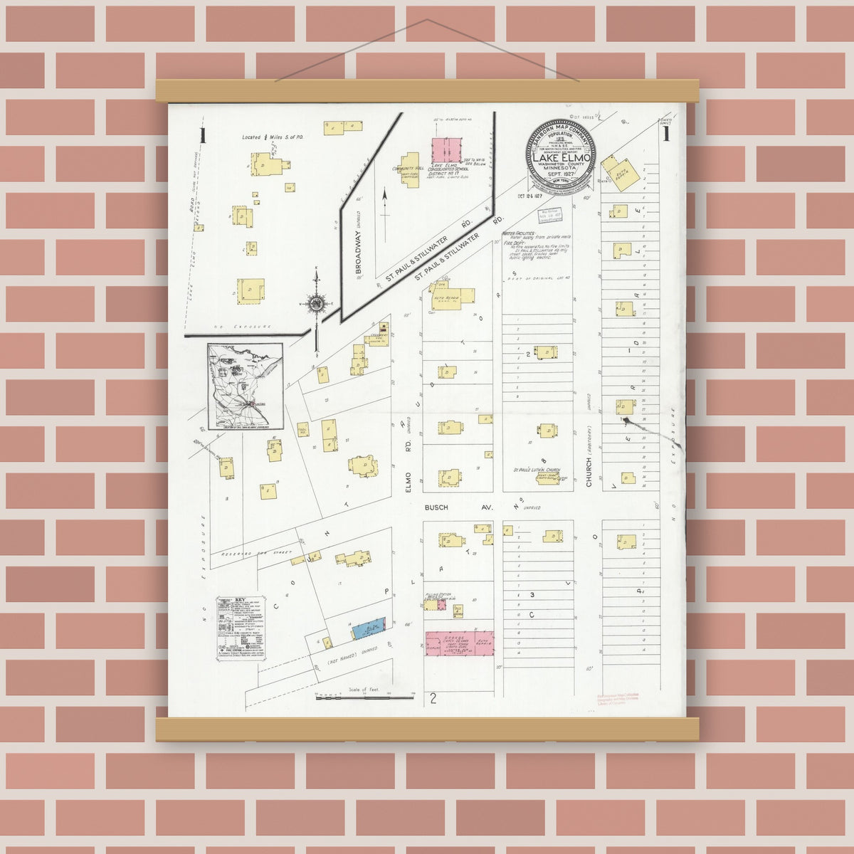 Old map wall art mockup — magnetic wood frame on brick wall — Sanborn Fire Insurance Map from Lake Elmo, Washington County, Minnesota (1927), Sheet #0001
