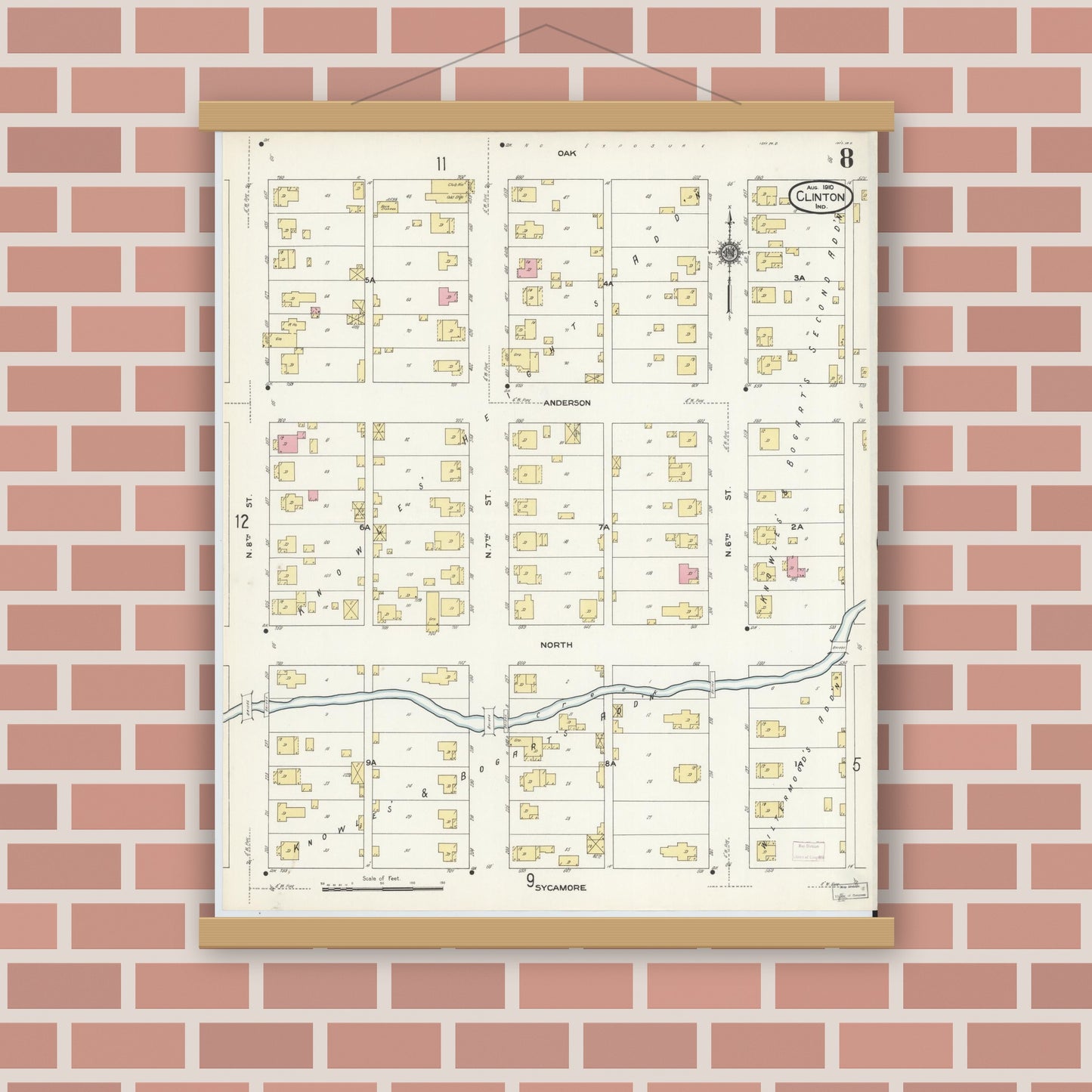 Old map wall art mockup — magnetic wood frame on brick wall — Sanborn Fire Insurance Map from Clinton, Vermillion County, Indiana (1910), Sheet #0008