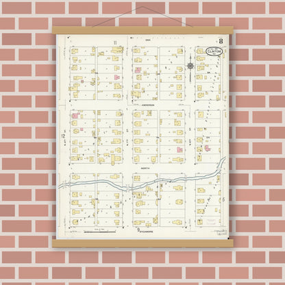 Old map wall art mockup — magnetic wood frame on brick wall — Sanborn Fire Insurance Map from Clinton, Vermillion County, Indiana (1910), Sheet #0008