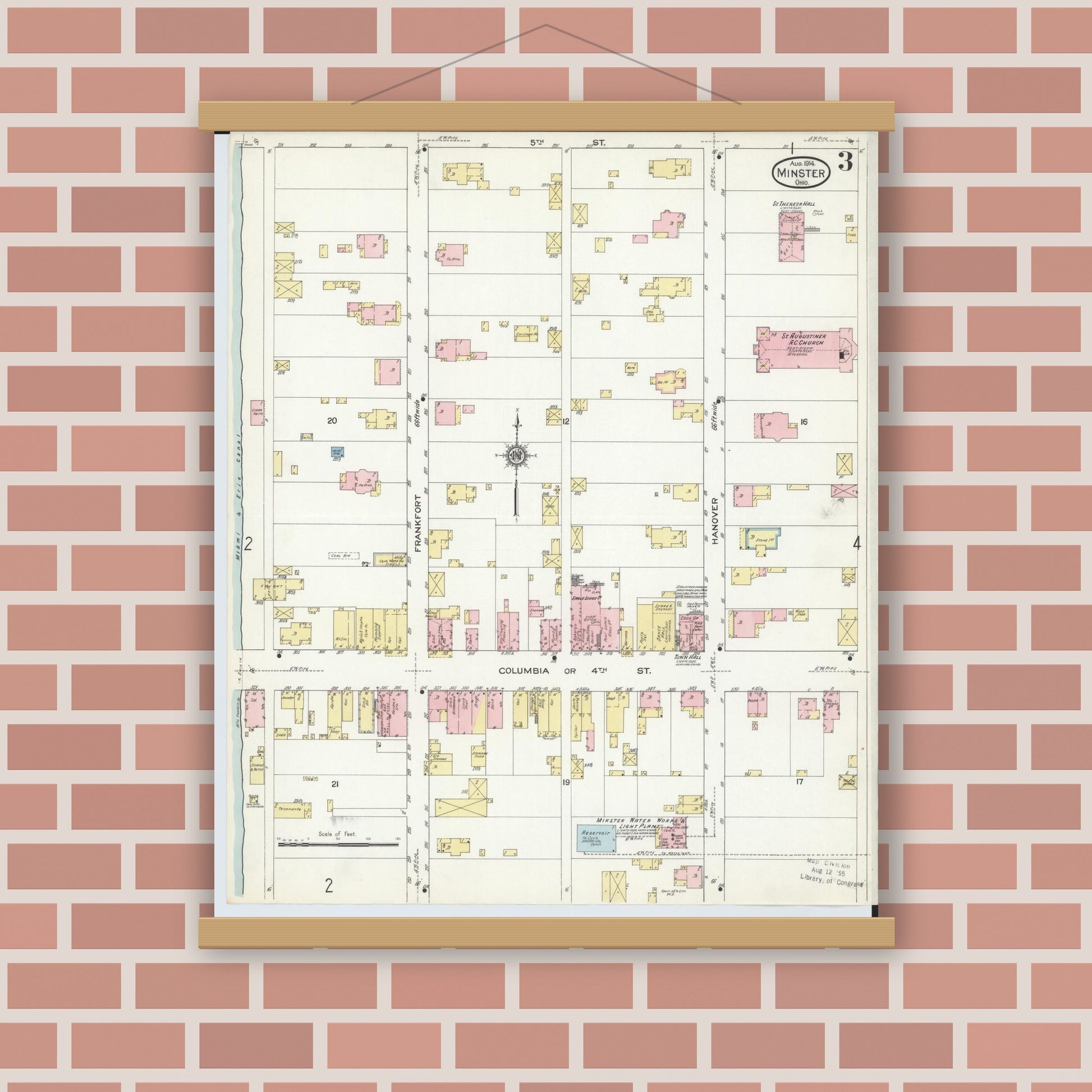 Old map wall art mockup — magnetic wood frame on brick wall — Sanborn Fire Insurance Map from Minster, Auglaize County, Ohio (1914), Sheet #0003