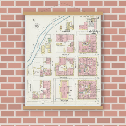 Old map wall art mockup — magnetic wood frame on brick wall — Sanborn Fire Insurance Map from Houston, Harris County, Texas (1890), Sheet #0003