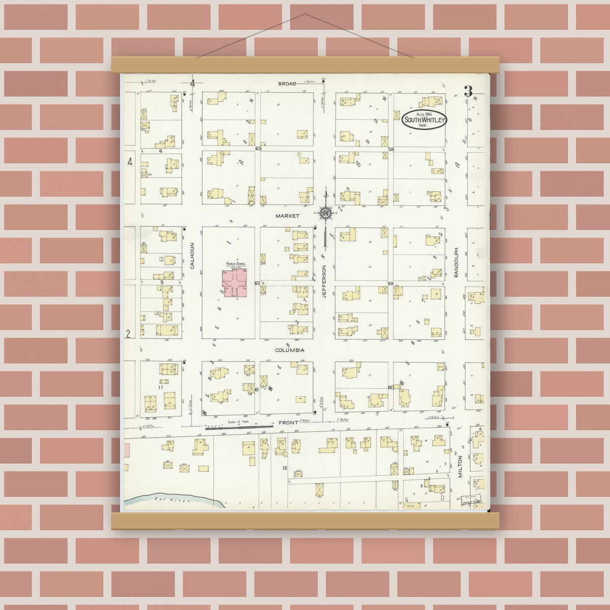 Old map wall art mockup — magnetic wood frame on brick wall — Sanborn Fire Insurance Map from South Whitley, Whitley County, Indiana (1914), Sheet #0003