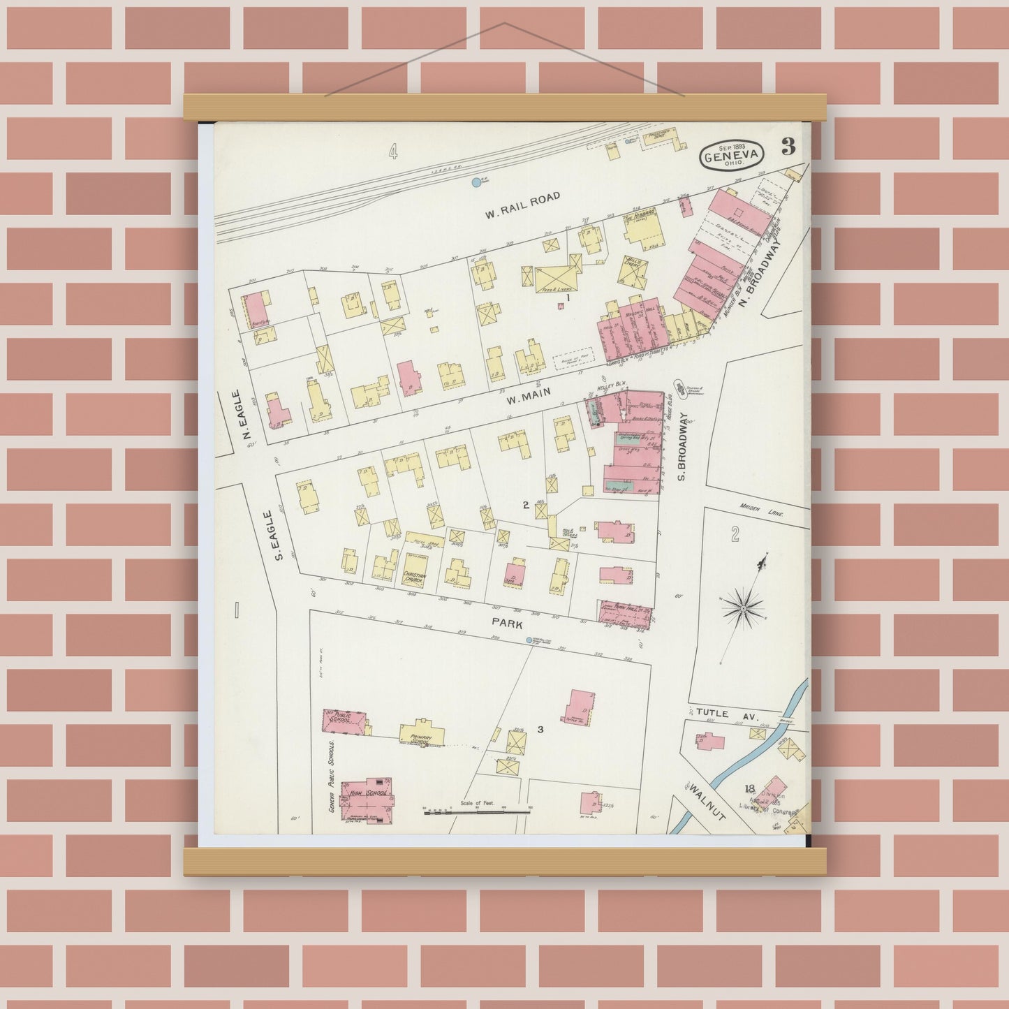 Old map wall art mockup — magnetic wood frame on brick wall — Sanborn Fire Insurance Map from Geneva, Ashtabula County, Ohio (1893), Sheet #0003
