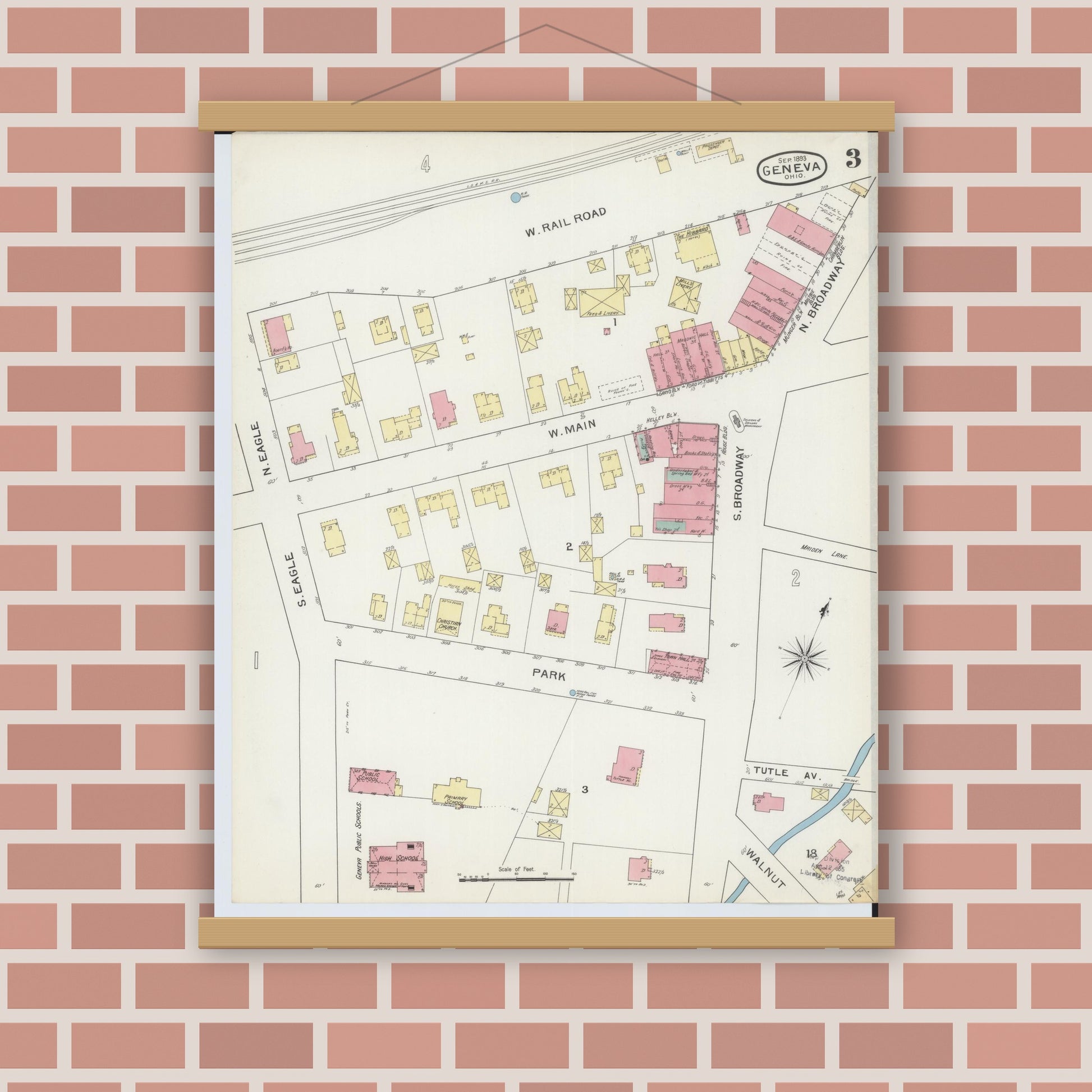 Old map wall art mockup — magnetic wood frame on brick wall — Sanborn Fire Insurance Map from Geneva, Ashtabula County, Ohio (1893), Sheet #0003