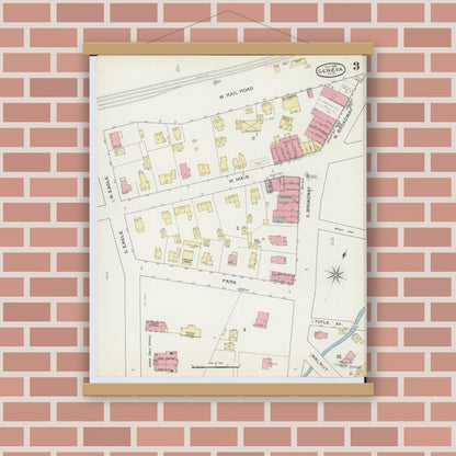 Old map wall art mockup — magnetic wood frame on brick wall — Sanborn Fire Insurance Map from Geneva, Ashtabula County, Ohio (1893), Sheet #0003