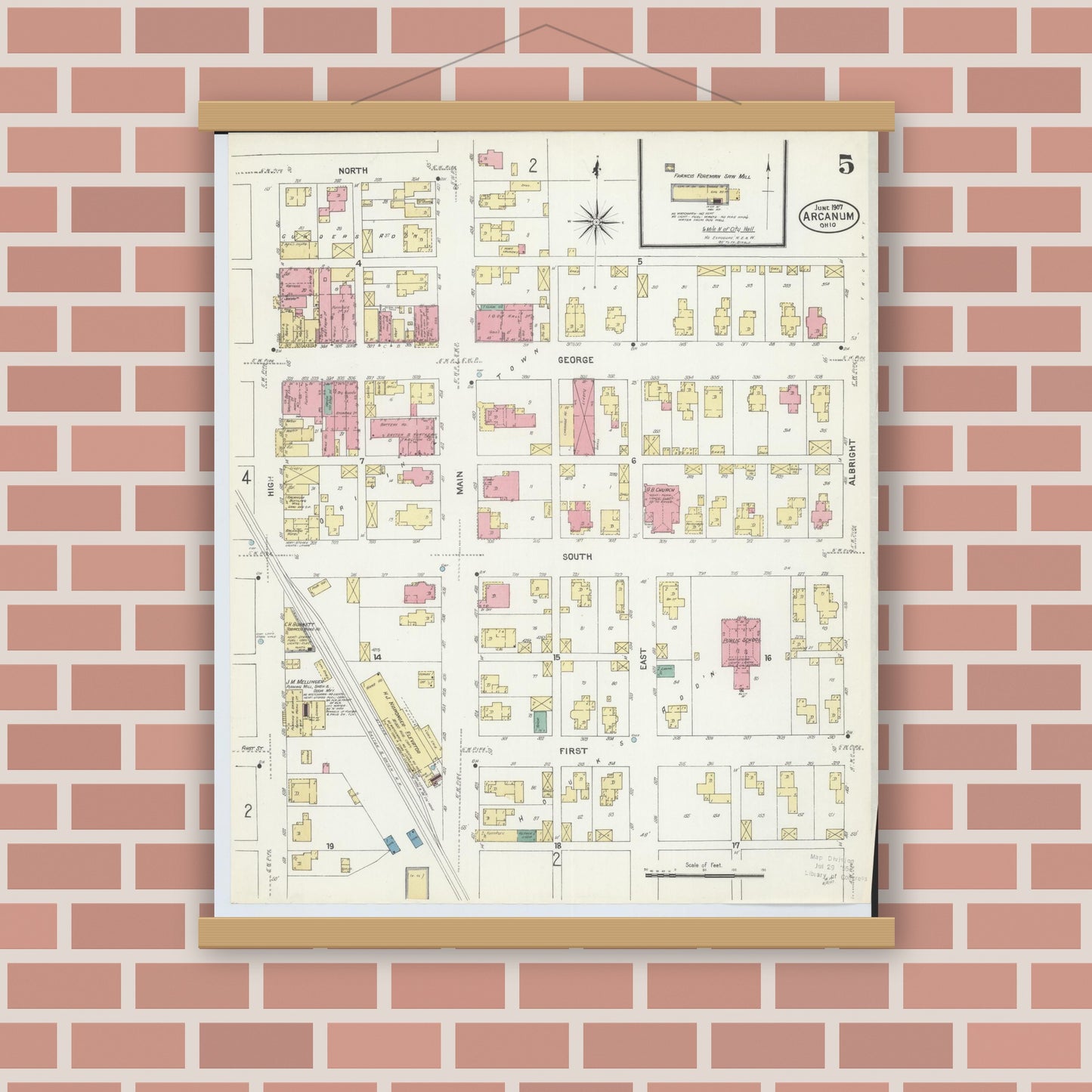 Old map wall art mockup — magnetic wood frame on brick wall — Sanborn Fire Insurance Map from Arcanum, Darke County, Ohio (1907), Sheet #0005