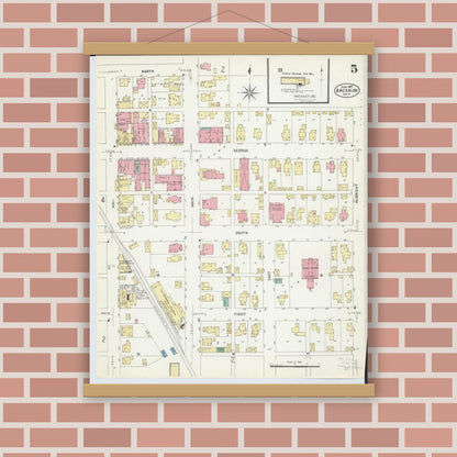 Old map wall art mockup — magnetic wood frame on brick wall — Sanborn Fire Insurance Map from Arcanum, Darke County, Ohio (1907), Sheet #0005