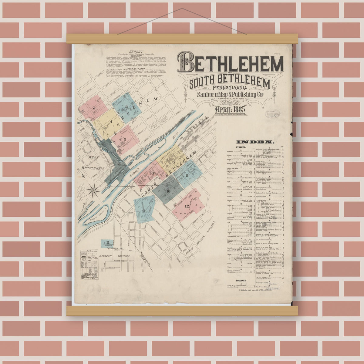 Old map wall art mockup — magnetic wood frame on brick wall — Sanborn Fire Insurance Map from Bethlehem, Northampton And Lehigh Counties, Pennsylvania (1885), Sheet #0001