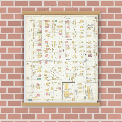 Old map wall art mockup — magnetic wood frame on brick wall — Sanborn Fire Insurance Map from Covington, Miami County, Ohio (1899), Sheet #0003