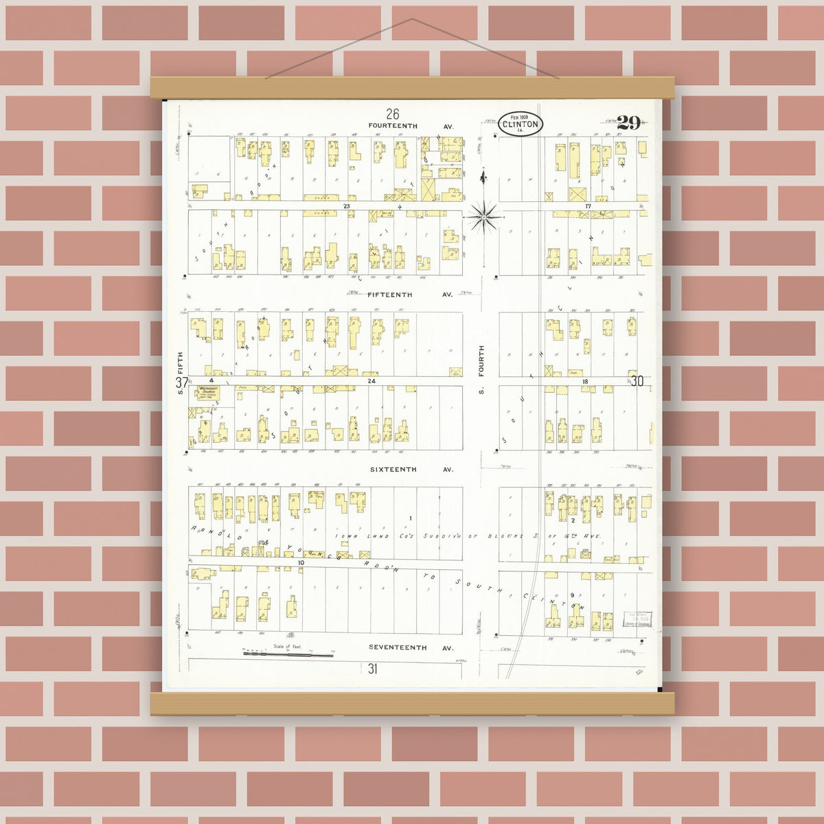 Old map wall art mockup — magnetic wood frame on brick wall — Sanborn Fire Insurance Map from Clinton, Clinton County, Iowa (1909), Sheet #0029
