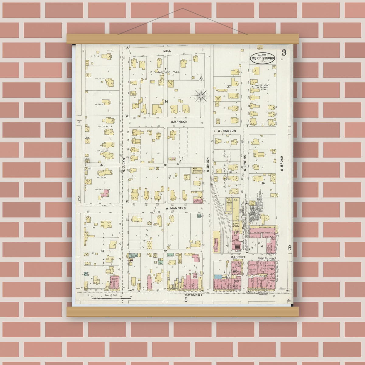 Old map wall art mockup — magnetic wood frame on brick wall — Sanborn Fire Insurance Map from Murphysboro, Jackson County, Illinois (1897), Sheet #0003
