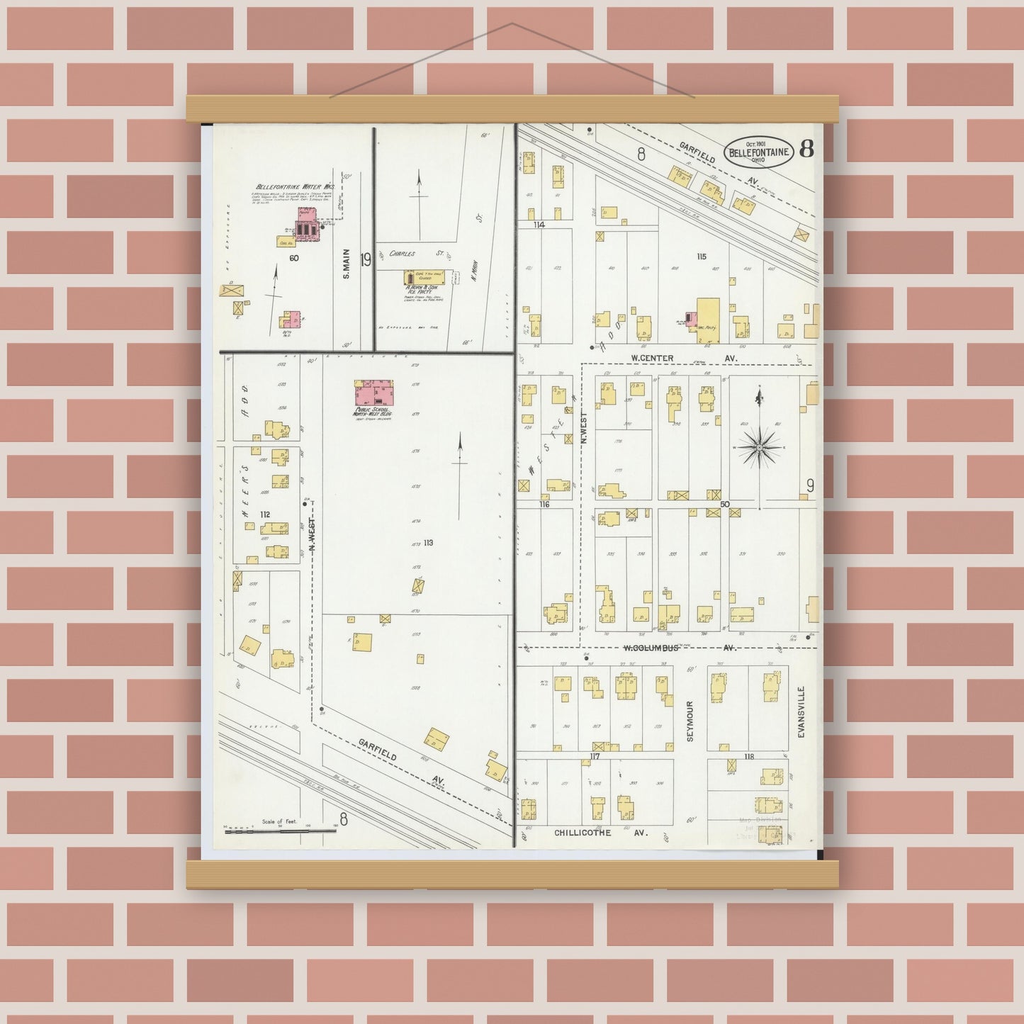Old map wall art mockup — magnetic wood frame on brick wall — Sanborn Fire Insurance Map from Bellefontaine, Logan County, Ohio (1901), Sheet #0008