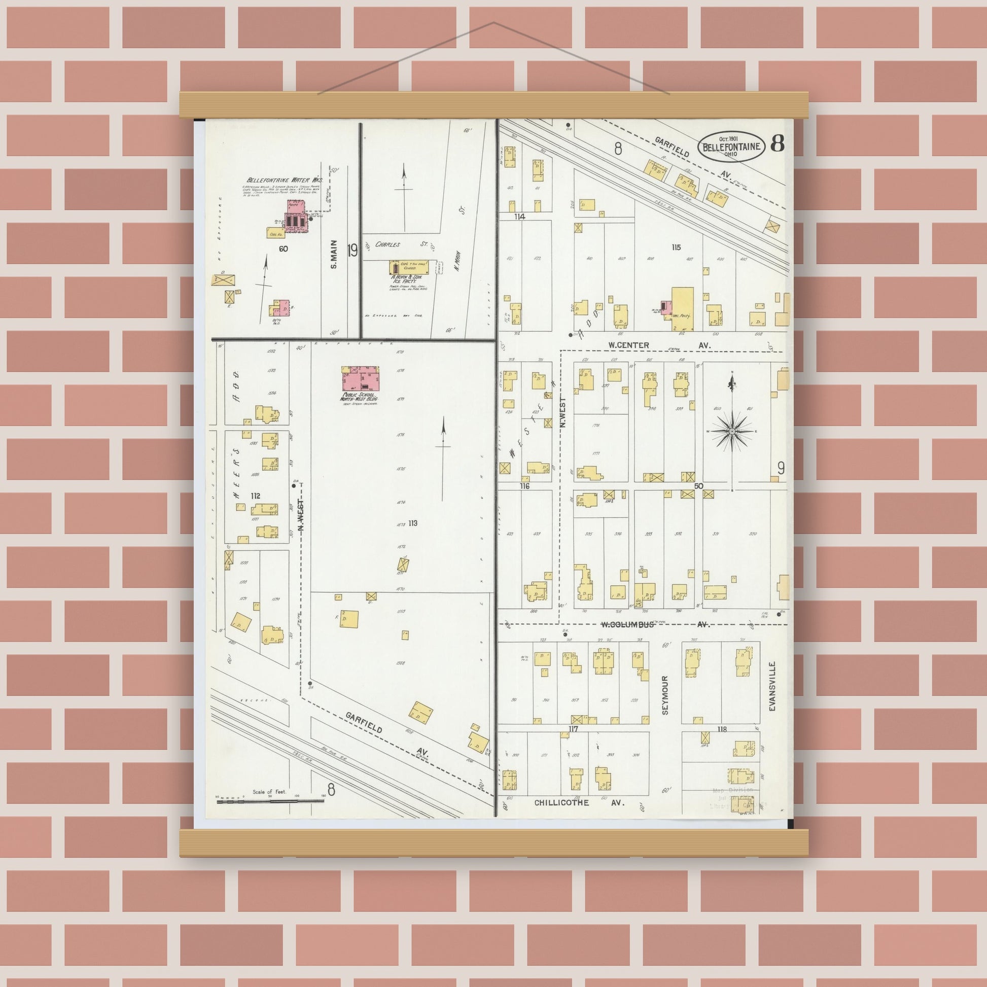 Old map wall art mockup — magnetic wood frame on brick wall — Sanborn Fire Insurance Map from Bellefontaine, Logan County, Ohio (1901), Sheet #0008