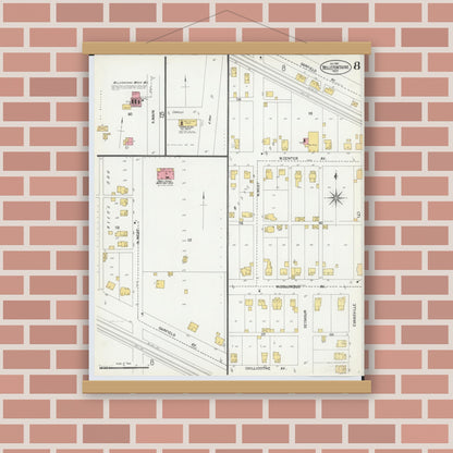 Old map wall art mockup — magnetic wood frame on brick wall — Sanborn Fire Insurance Map from Bellefontaine, Logan County, Ohio (1901), Sheet #0008