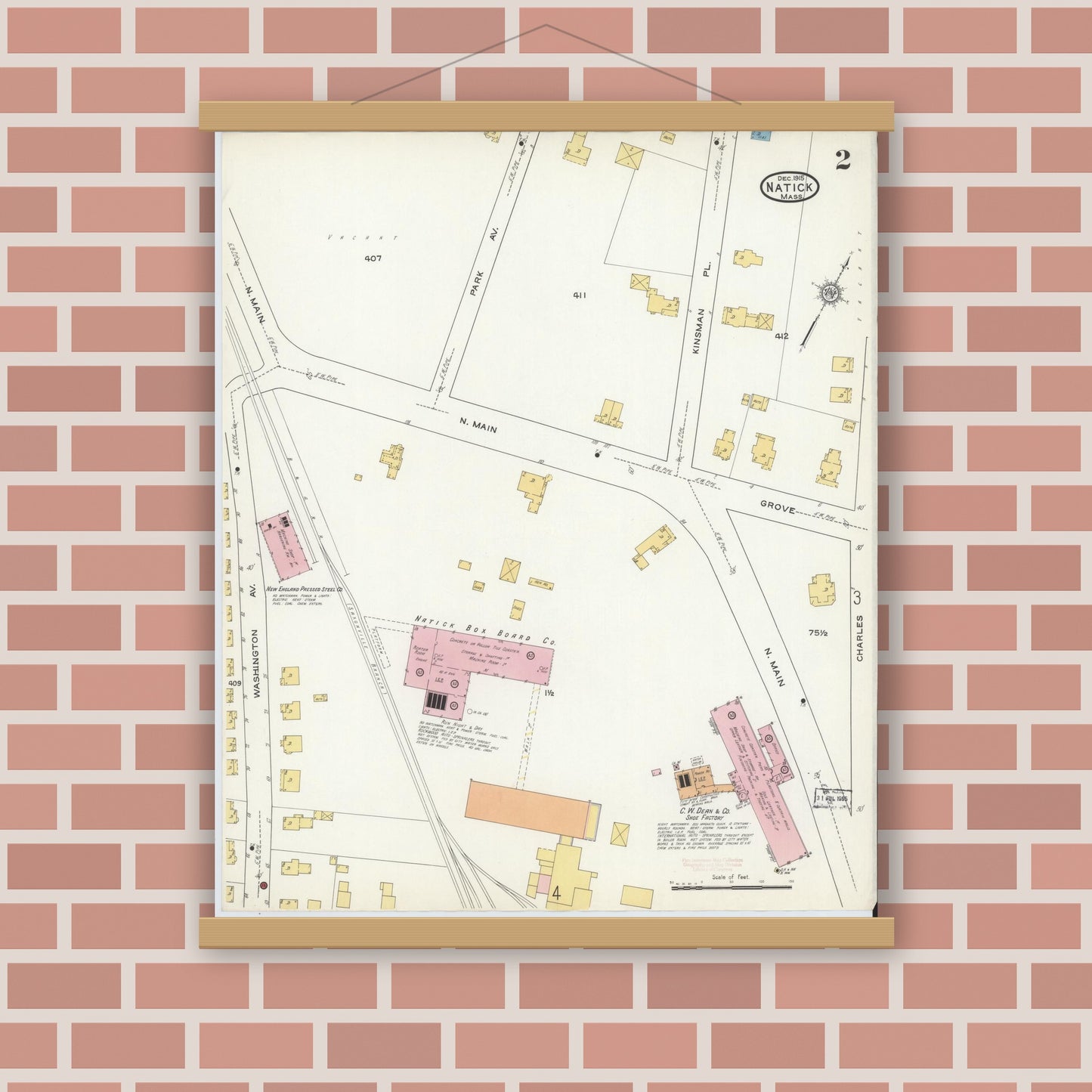 Old map wall art mockup — magnetic wood frame on brick wall — Sanborn Fire Insurance Map from Natick, Middlesex County, Massachusetts (1915), Sheet #0002
