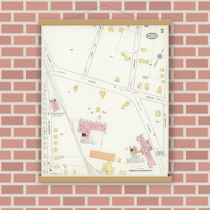 Old map wall art mockup — magnetic wood frame on brick wall — Sanborn Fire Insurance Map from Natick, Middlesex County, Massachusetts (1915), Sheet #0002