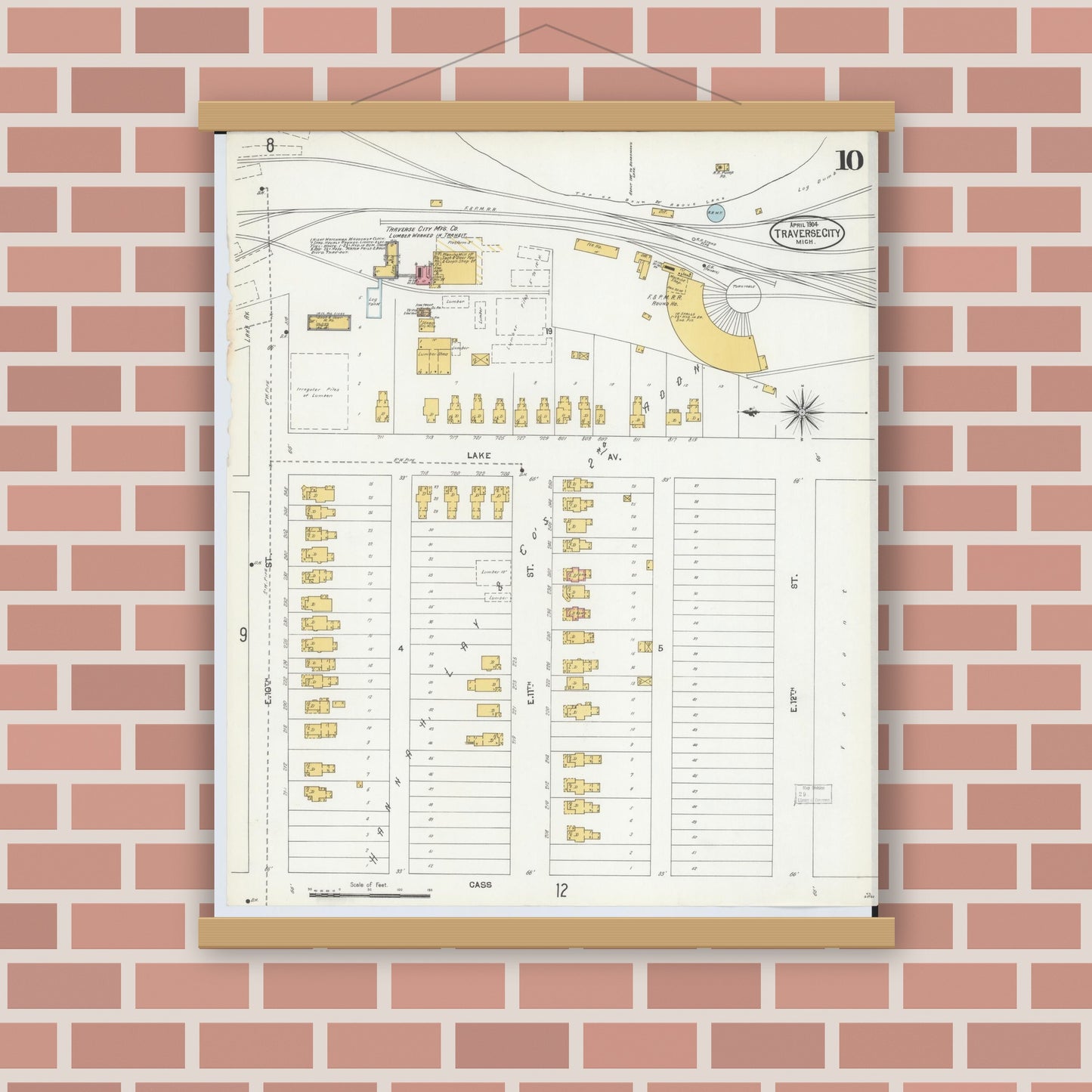 Old map wall art mockup — magnetic wood frame on brick wall — Sanborn Fire Insurance Map from Traverse City, Grand Traverse County, Michigan (1904), Sheet #0010